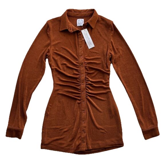 WITH JEAN KNIT ANDY MINI DRESS BUTTON FRONT LONG SLEEVE RUSCHING DETAIL BROWN XS - Picture 2 of 15